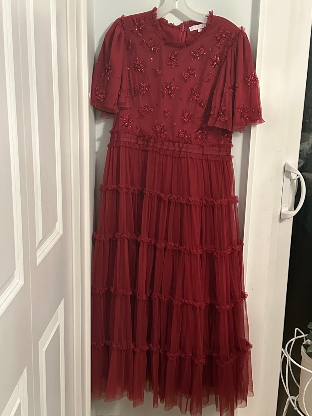 Red Embellished Tulle Maxi Dress AS IS